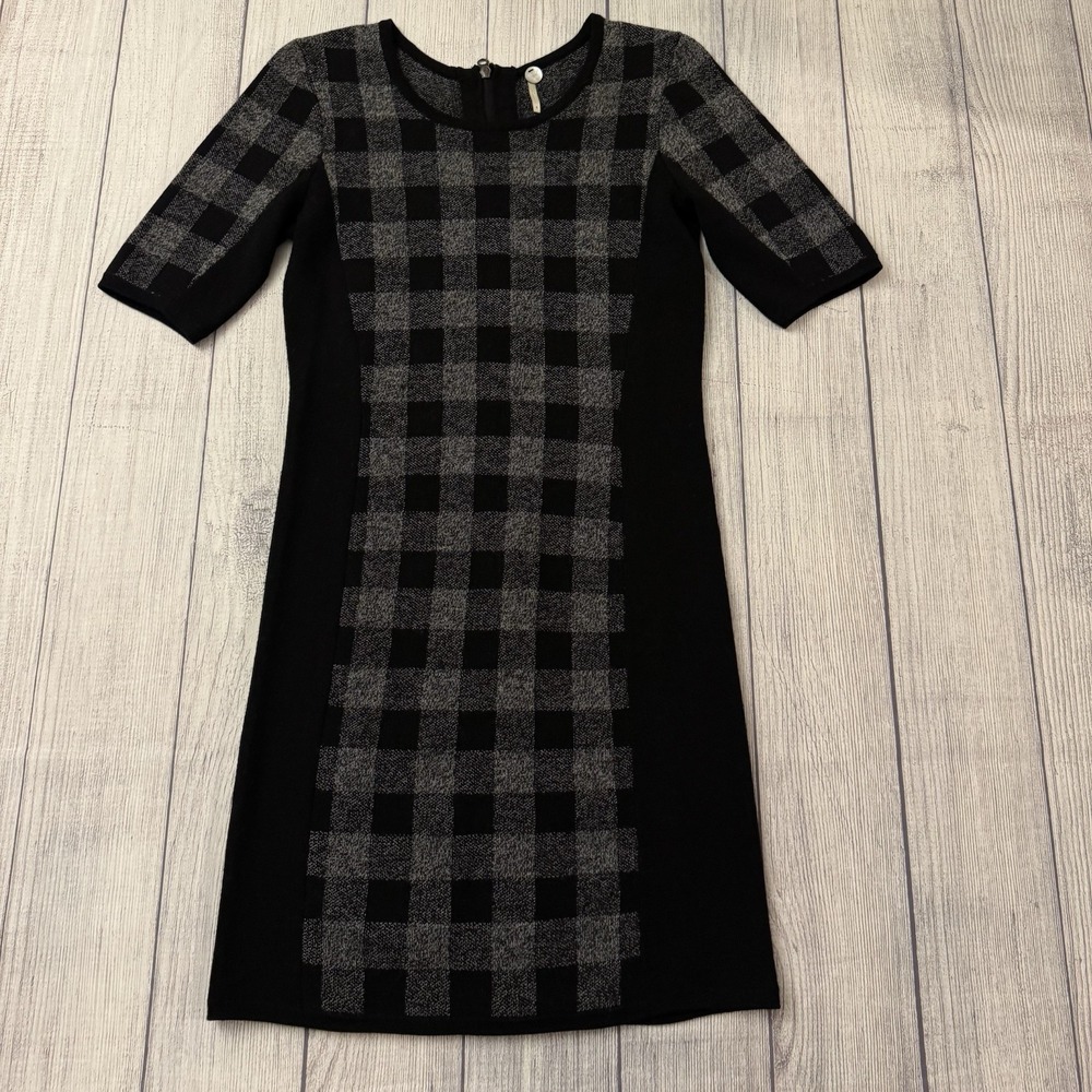 Margaret O'Leary Plaid Knit Sweater Dress Black Gray 100% Wool Women's Small
